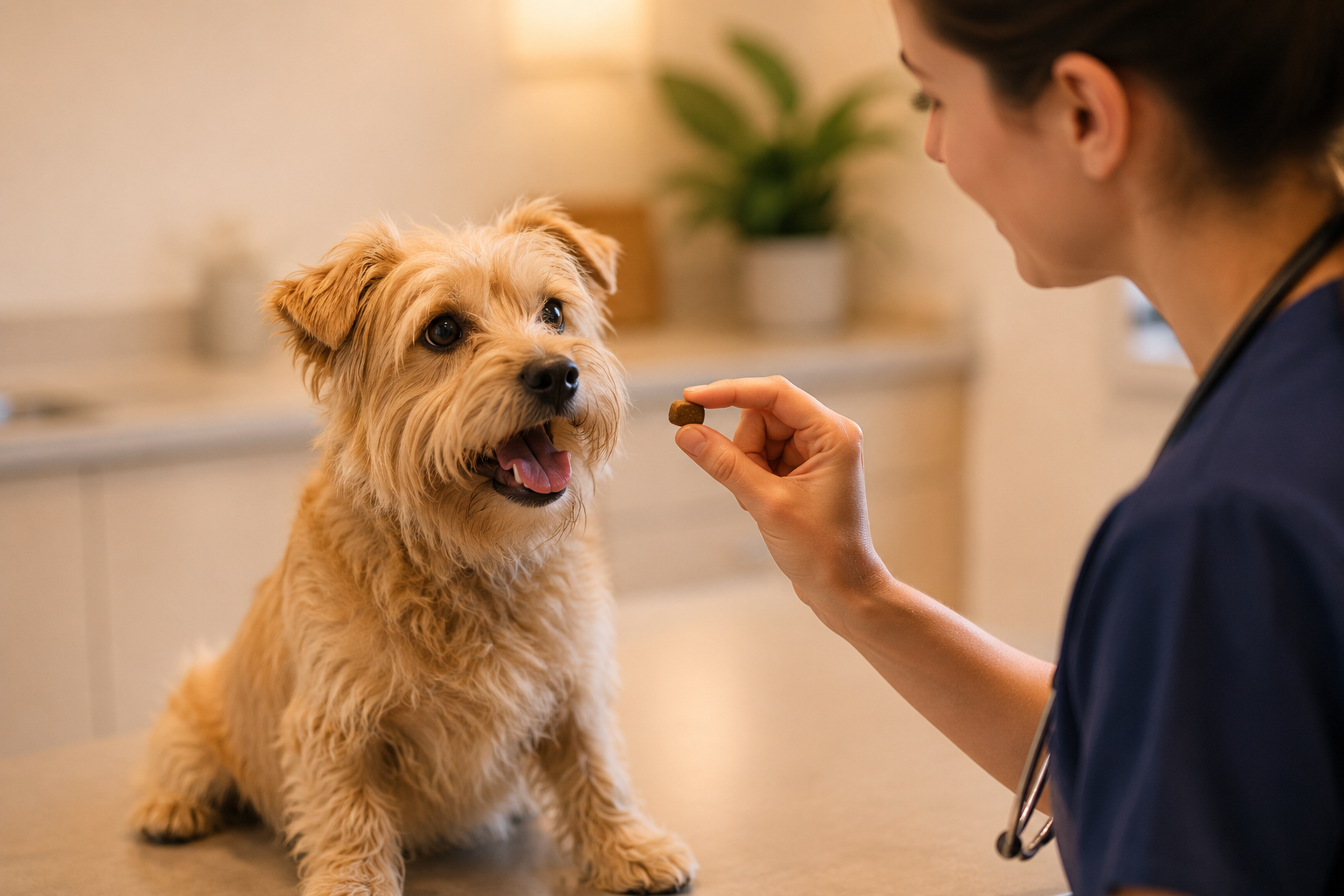 A terrier receiving his monthly heartworm preventative at Dunwoody Animal Medical Center